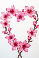 Obraz premium Watercolor flower composition Pink blossoms, heart shape Copy space , card, poster, petals