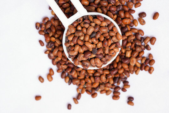 Horse gram in white spoon isolated in white background. Kulthi dal or horse gram is widely known for its curative properties of treating gall bladder stones, kidney stones and maintaining renal health