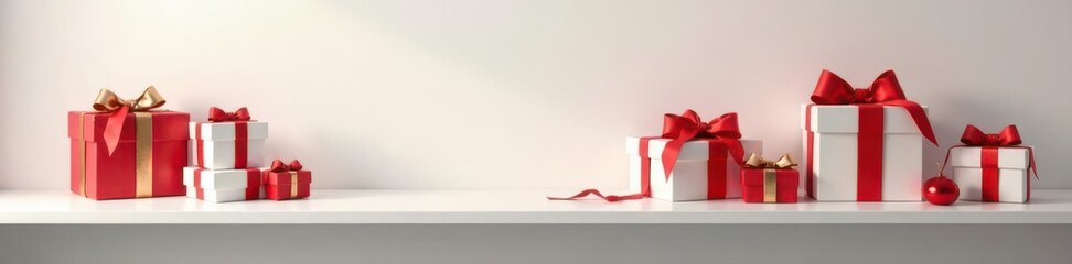 White shelves display beautifully wrapped Christmas gift boxes , christmas gifts, holiday, gifts