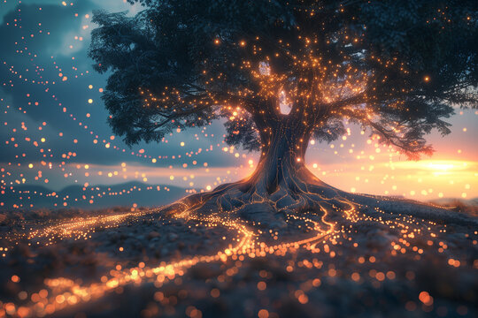 Glowing trees with fiber optics and floating data particles merging nature with futuristic digital energy.