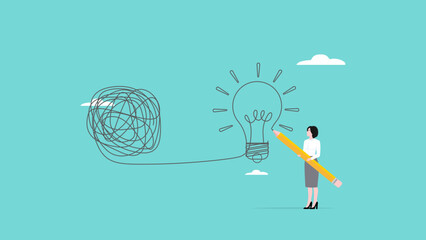 solutions to overcome difficulties in solving problems, innovation to fix complex problems, business woman drawing light bulb idea from messy lines with pen