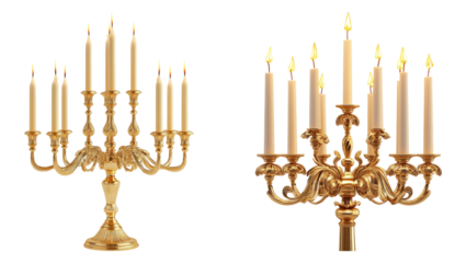 Elegant Golden Candelabra with Multiple Candles for Romantic Decor, PNG bundle collection, Isolated on Transparent Background