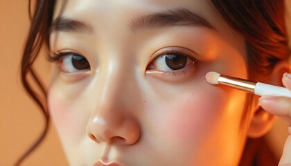Obraz premium Young woman applying makeup under warm light enhances beauty skin tone cosmetics eye makeup brush