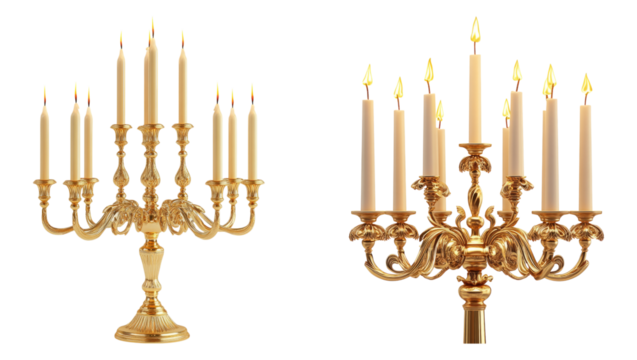 Elegant Golden Candelabra with Multiple Candles for Romantic Decor, PNG bundle collection, Isolated on Transparent Background