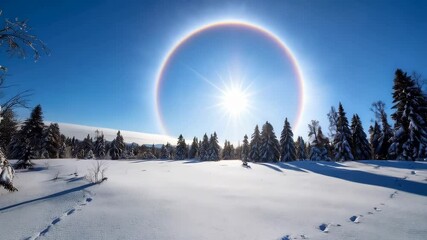 Magnificent sun halo in clear blue sky over snow covered forest landscape during cold winter day with footprints in white ground - Powered by Adobe