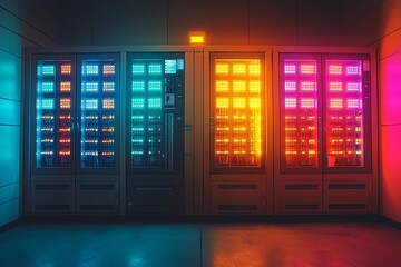Vibrant server room with colorfully illuminated server racks representing data processing.