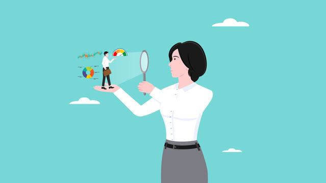 employee performance evaluation, assessment of employee competency development, annual review to achieve business goals, business woman using magnifying glass to review employees with diagram graph
