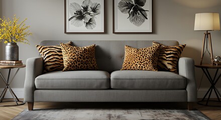 Living Room with Sofa and Animal Print Pillows
