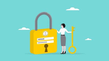 high protection for data security, safety for login account or strong password for cyber security, secure data privacy, business woman hold key with user account lock with strong pad lock concept