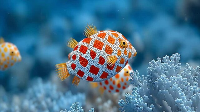 Vibrant coral reef ecosystem featuring colorful boxfish swimming gracefully in clear blue ocean water