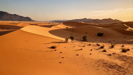 Desert landscape with golden sand dunes and sparse vegetation under the bright sun - Powered by Adobe