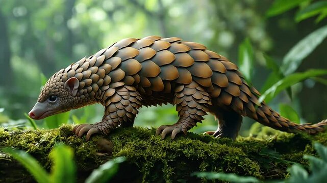 A rare pangolin walks on a mossy branch in a dense tropical forest