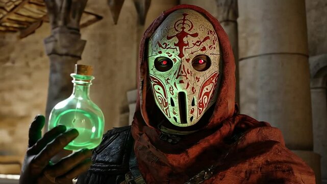 A mysterious figure in a cloak with a mask holding a bottle of green potion glowing in the darkness 