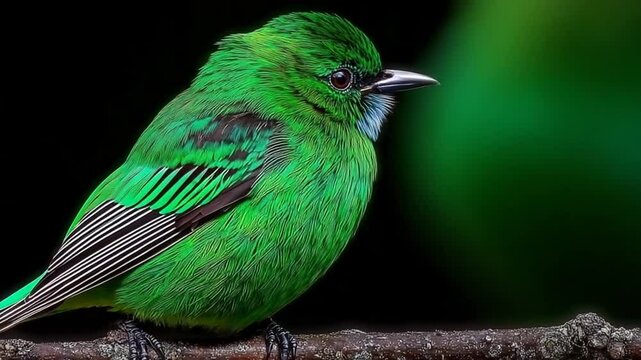 Vibrant green tanager bird perched on branch in tropical forest, showcasing colorful plumage detail