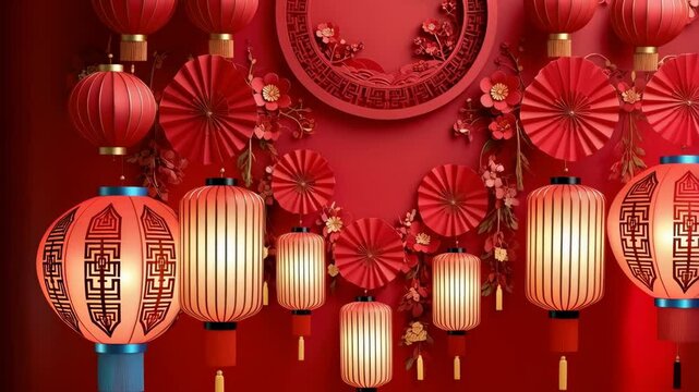 Elegant red festive backdrop with paper cutouts featuring lanterns, fans, flowers, and traditional circle design