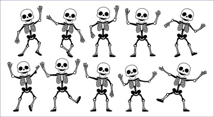 Vector Illustration Of Skeletons Dancing And Waving For Halloween Background