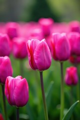 Obraz premium Vibrant violet tulips bloom in spring field Single late tulips, selective focus , bloom, background, macro