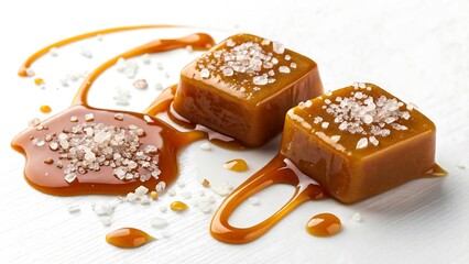Salted caramel candies with drizzled caramel sauce and sea salt on white background
