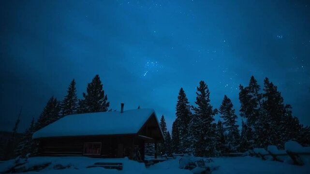 Cabin in deep snow at night timelapse 