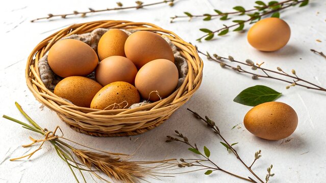 Brown eggs in wicker basket with scattered eggs and natural branches on white rustic background