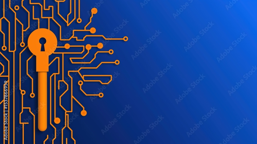 Poster key symbol on circuit board background representing digital security and technology concepts