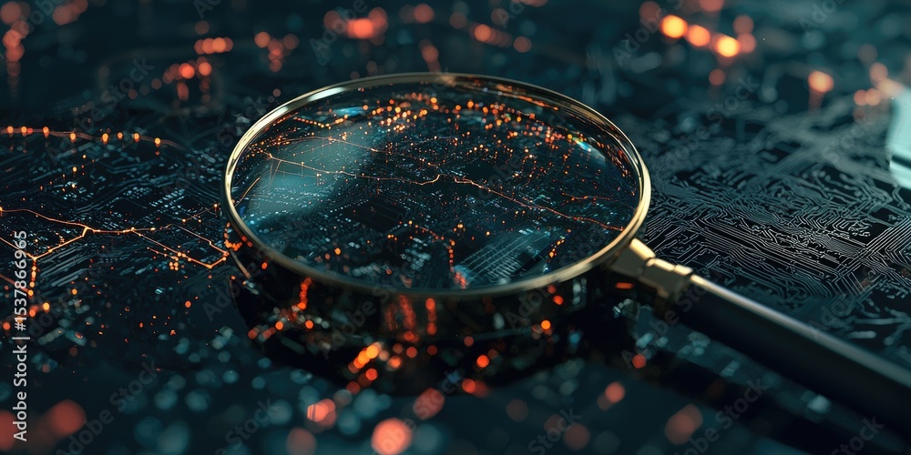 Aufkleber A magnifying glass inspecting network elements, representing network diagnostics and problem-solving.