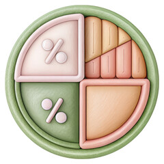 A stylized circular pie chart with four distinct segments, two featuring percentage symbols and the other two with abstract patterns in pastel colors.