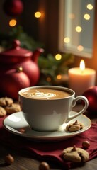 Warm lighting illuminates chocolate chip cookies, tea, and festive decorations , tea, tasty, comfort
