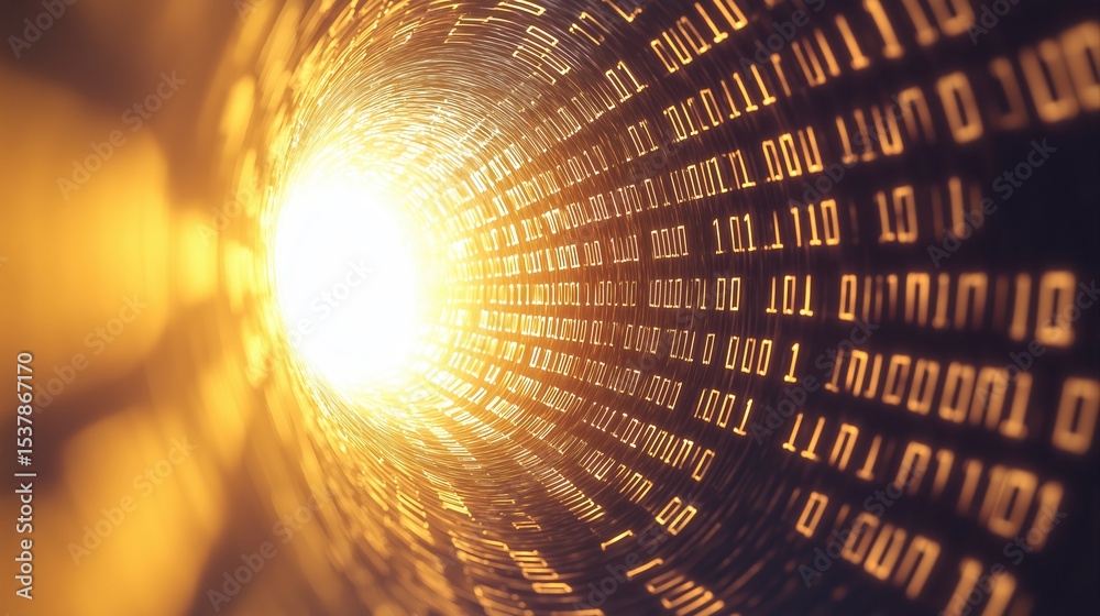 Poster digital tunnel of binary code with bright light at the end in glowing warm colors