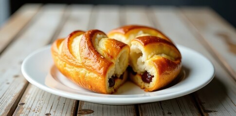 White wood table, half-eaten pastries, black coffee , coffee, overhead