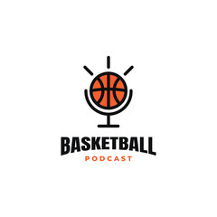 BasketBall with Microphone Logo Template. Suitable for Basketball Sport Streaming Podcast Broadcast