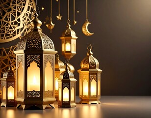 Radiant lanterns surrounded by detailed geometric Islamic designs, with a clean, elegant space on the right side perfect for adding a quote or message in gold