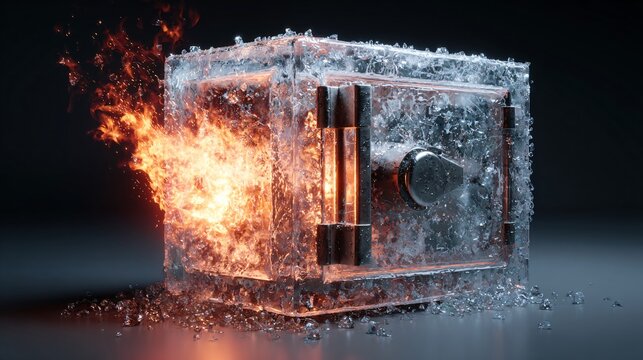 A conceptual 3D render of a melting ice safe protecting a burning fire within, symbolizing risk, crisis management, and financial volatility