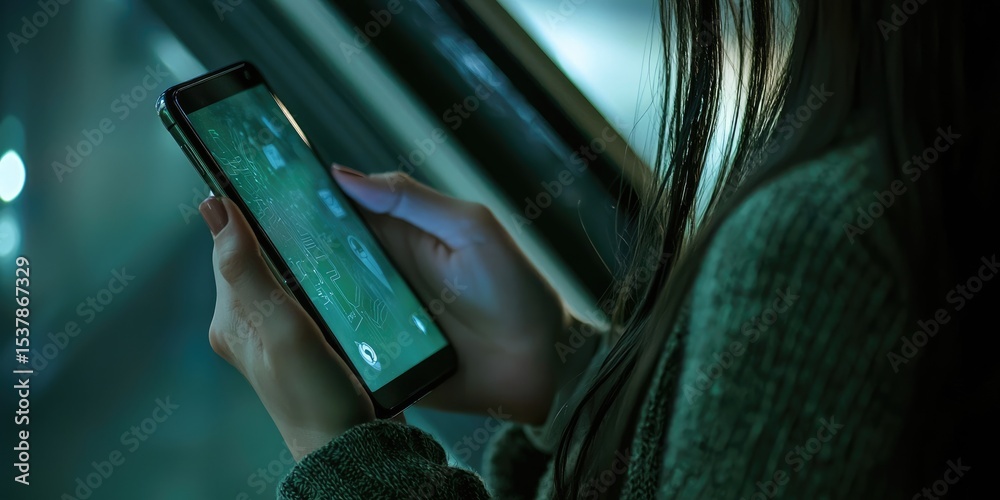 Poster woman hand using smart phone in concept internet of things with