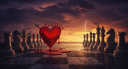 Chess Heart Symbol on Checkboard under Stormy Sky