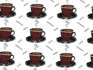 Pattern con tazzine di caffè fumante e scritte