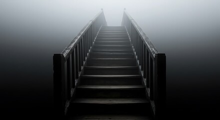 Fototapeta premium Mysterious Wooden Staircase Vanishing into Fog