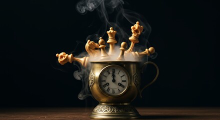 Chess pieces in cup with clock and steam