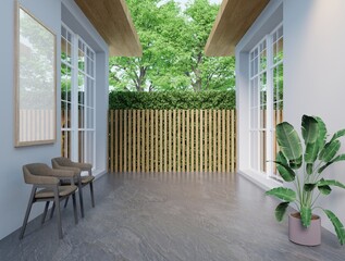 A minimalist space with floor-to-ceiling glass windows, modern wooden chairs, potted tropical plants and a vertical lattice fence outside surrounded by a wooden fence and greenery.3d render