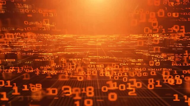 An abstract digital display features mesmerizing rain orange code combined bokeh effects computer screen fusion technology art seamless 3D animation matrix binary software security concept