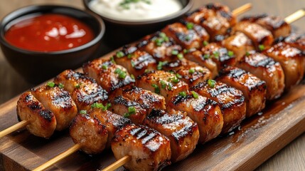 Grilled pork skewers on wooden board with sauces