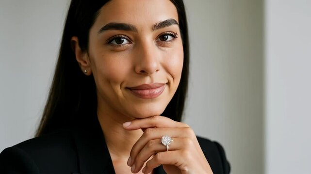 Close-up portrait of a confident woman in a blazer, looking directly at the camera The video captures a professional and poised demeanor