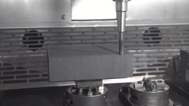 The CNC milling machine rough cut the graphite electrode parts with solid flat nose end mill tool. The mold and die manufacturing process by CNC machining center.