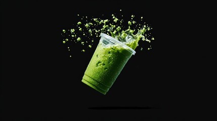 shot of a iced blueberry matcha latte in a plastic cup in the middle of the frame. The cup is floating mid air and is slightly tilted. Simple white studio background.