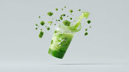 shot of a iced blueberry matcha latte in a plastic cup in the middle of the frame. The cup is floating mid air and is slightly tilted. Simple white studio background.