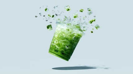 shot of a iced blueberry matcha latte in a plastic cup in the middle of the frame. The cup is floating mid air and is slightly tilted. Simple white studio background.