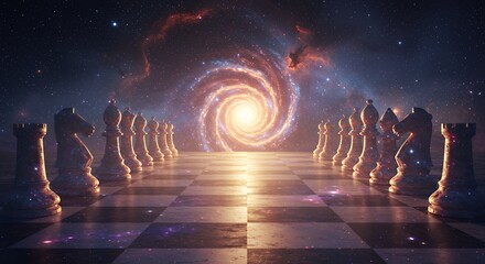 Chess pieces on a board with a galaxy background