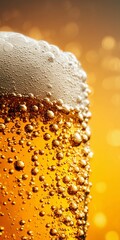 A glass of beer with thick foam and drops of cold condensate on the glass side with yellow background