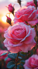Floral macro of blooming rose in pink shade under radiant golden hour warm afternoon light aesthetic floral photography for wallpaper background