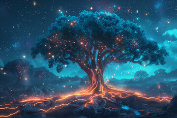 A visionary future Earth where glowing nature blends seamlessly with digital technology in perfect harmony.